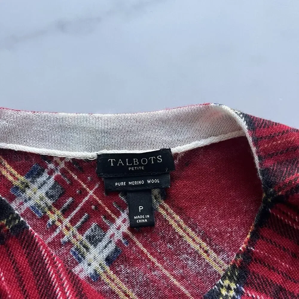 Talbots Merino Wool Sweater Sz SmallRed Plaid Paisley Holiday Christmas Preppy - Picture 5 of 9